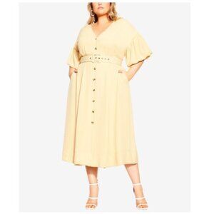 Golden Minute City Chic Button Down Midi Bubble Sleeve Dress